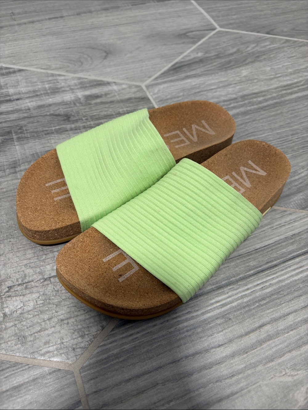Message Slip-On Ribbed Slide Sandals in Light Green
